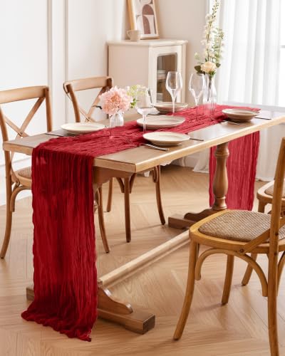 Pureegg 2 Pack Red Cheesecloth Table Runner 120 Inch for Wedding Party