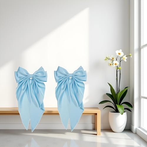 Light Blue Jumbo Silky Satin Hair Bow Barrettes with Long Tails (2-Pack)