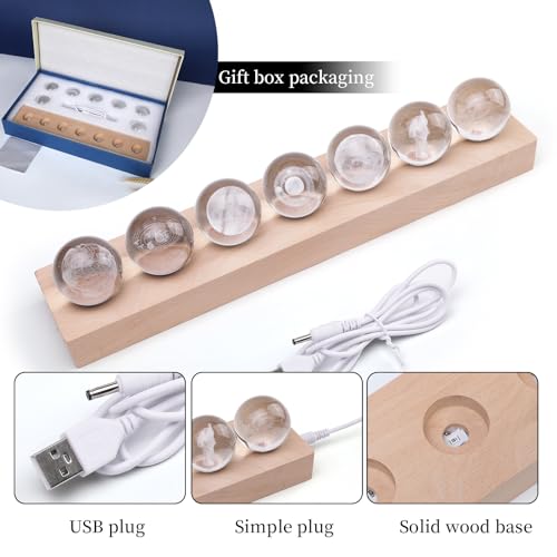 7 Pcs Crystal Planet Night Light Set with Wooden Base - Galaxy Moon Saturn Decor for Home & Gifts
