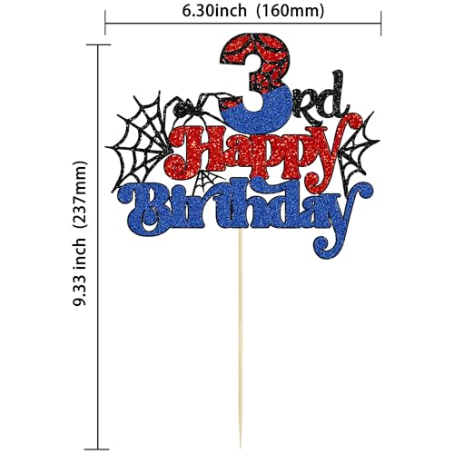 Spider Happy 3rd Birthday Cake Topper - Glitter Red & Blue Party Decor