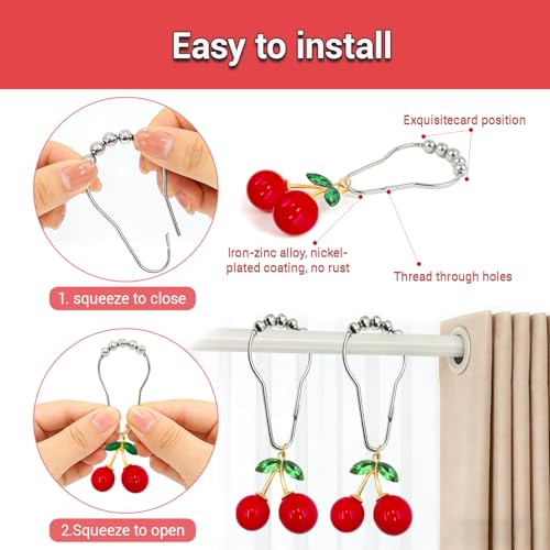 Cherry Shower Curtain Hooks - 15 Pcs Brushed Nickel Rings
