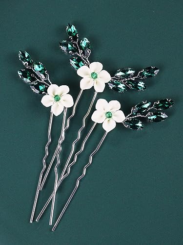 Brihasory Green White Flower Bridal Hair Pins 3PCS Rhinestone Hair Clips