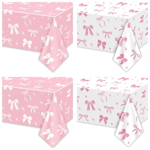 4 Pcs Pink & White Bow Table Cloths for Birthday Parties - 51 x 86 in