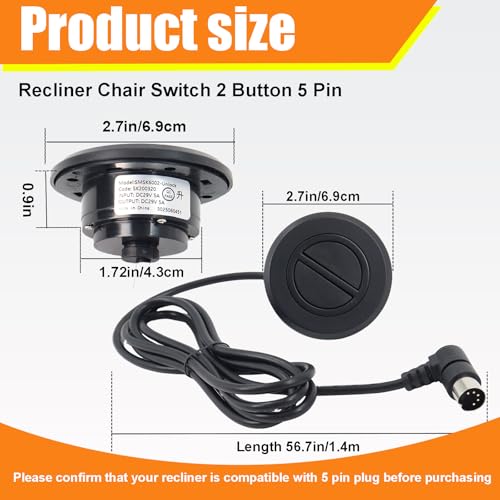 Electric Recliner Switch Replacement with 5-Pin Plug – 2-Button Control