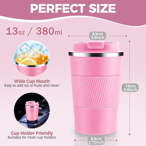 Volhoply Pink 13oz Stainless Steel Insulated Travel Coffee Cup with Leak-Proof Lid