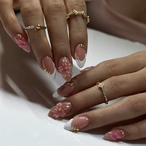 ZIFANHU Short Almond Press on Nails White French Tip with 3D Flower & Pearl