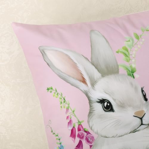 Bonhause Spring Easter Bunny Pillow Covers Set of 4 18x18 Inch Pink Floral Rabbit Velvet Decor