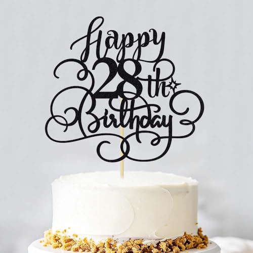 Black Glitter 28th Birthday Cake Topper - Cheers to 28 Years