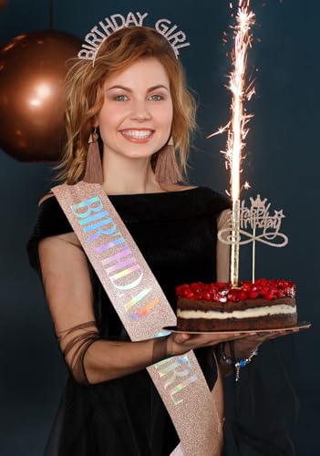 Birthday Girl Sash and Rhinestone Headband Set with Cake Topper Rose Gold
