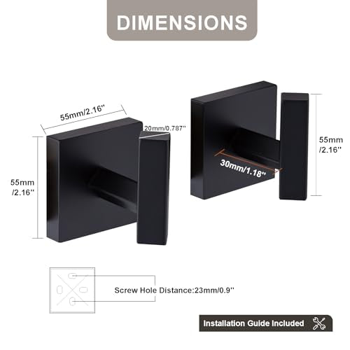 TVEDX Matte Black Stainless Steel Square Towel Hooks - 2 Pack