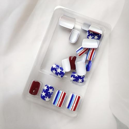 Short Press on Nails Independence Day Square Glossy Red Blue Acrylic