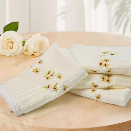 Jacquotha Floral Embroidered Wash Cloths - Cream 4 Pack for Face & Body