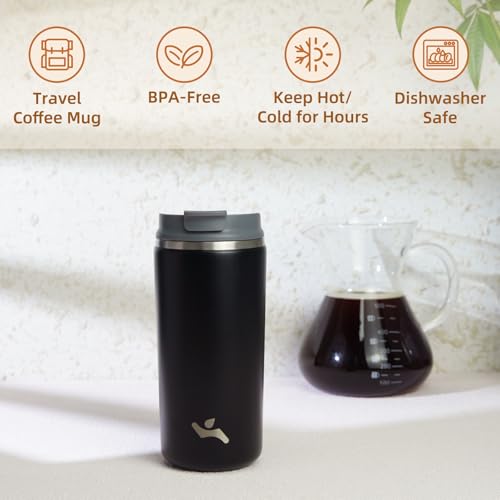 Konokyo 12oz Travel Coffee Mug, Insulated Stainless Steel Tumbler - Black