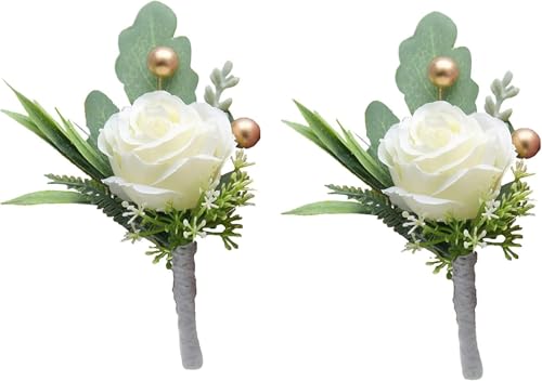 White Rose Boutonniere Set of 2 Artificial Flowers with Pins for Wedding