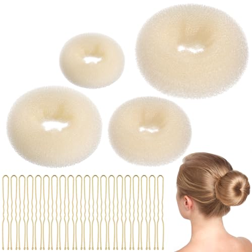 HJZHII Hair Bun Maker Set with 4 Sizes Sponge Donuts and 20 Bobby Pins Cream