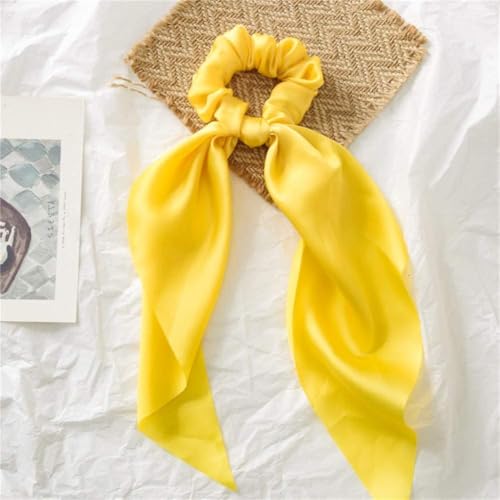 Yellow Satin Hair Scrunchie with Bow Ribbon Ponytail Holder