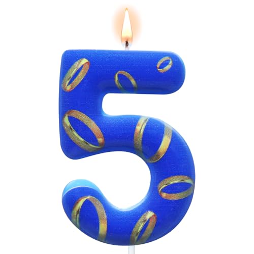 Conelist Number 5 Birthday Cake Candles - Blue & Gold Rings, 1 Piece, Party Decor
