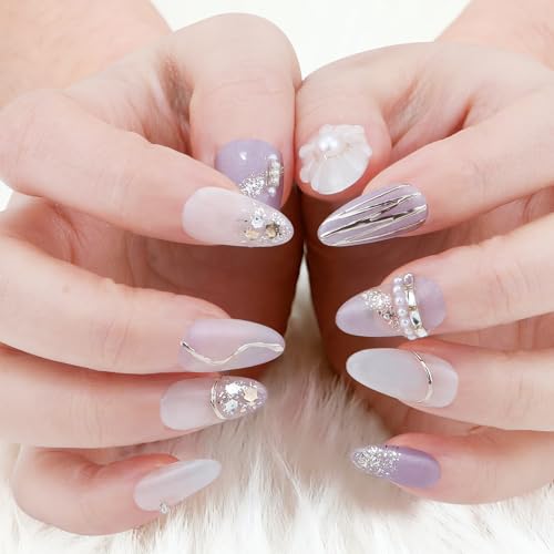 Yacey Handmade Short Almond Press On Nails Purple 3D Pearl Acrylic
