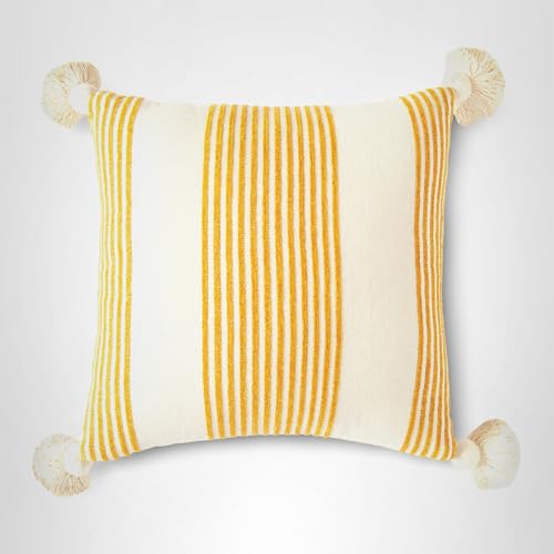 Cream Cotton & Chenille Pillow with Mustard Stripes & Tassels