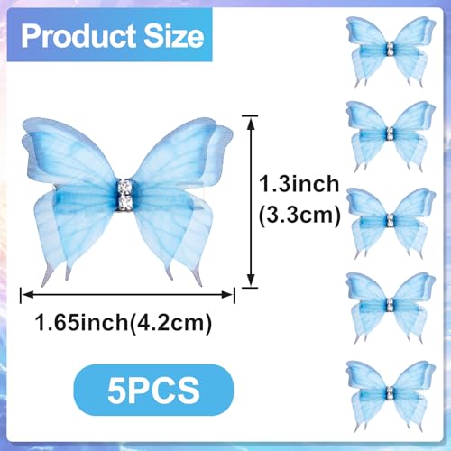 PAGOW 5pcs Blue Butterfly Hair Clips Rhinestone Snap Barrettes