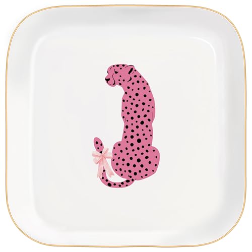 Ceramic Jewelry Dish Tray for Women - Pink Preppy Cheetah Print Ring & Trinket Holder