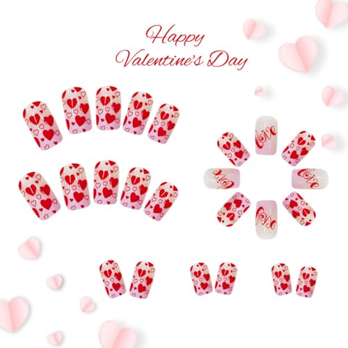 Valentine Press on Nails Medium Square Red Heart Acrylic Nails 24 Pcs