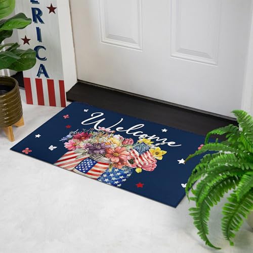 Patriotic Floral Welcome Door Mat 17"x30", American Flag Glass Bottle