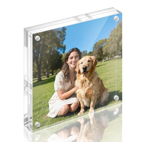 Vowcarol 5x5 Acrylic Magnetic Picture Frame, Double-Sided Clear Desktop Stand