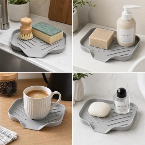 Grey Silicone Soap Dish Set - Self-Draining Kitchen & Bathroom Organizer