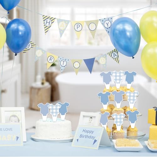 24 PCS Blue Bodysuit Cupcake Toppers for Baby Shower Party