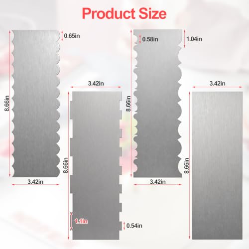 4 Pack Stainless Steel Cake Scrapers - Textured Icing Smoothers for Baking