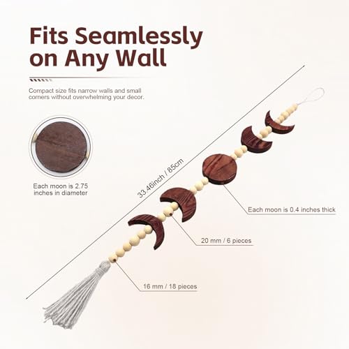 30 Inch Moon Phase Wall Decor with Wooden Beads and Tassel - Boho Moon Wall Hanging for Bedroom, Living Room, Office