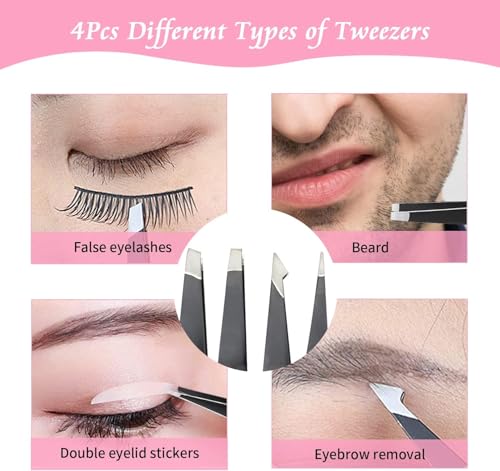 Precision Tweezers Set 4-Piece Stainless Steel with PU Leather Case