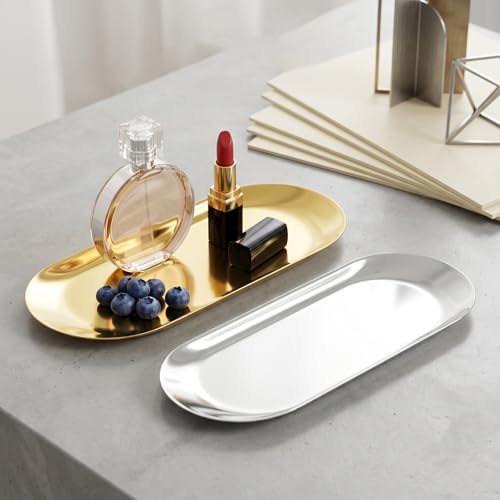 2 Pcs Gold & Silver Decorative Trays - Oval Stainless Steel Organizer