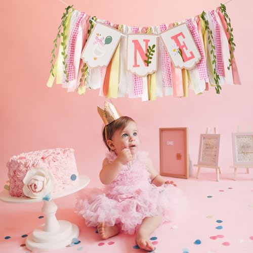 Silly Goose High Chair Banner for Baby Girl's 1st Birthday - Pink & Gold