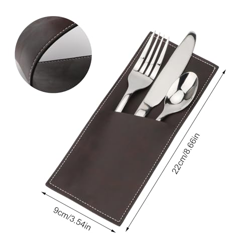 Leather Cutlery Sleeve Set - Grayish Brown, 2 Pcs Utensil Pouch for Dining