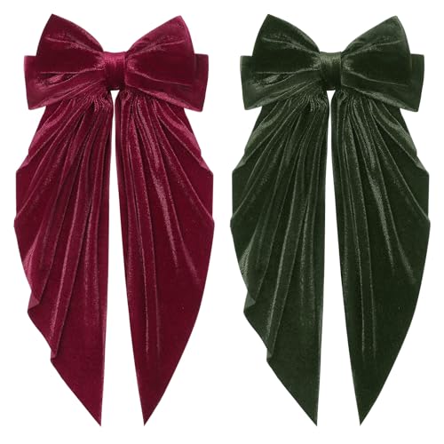 Aileam Velvet Hair Bows for Women and Girls, 2-Piece Oversized Hair Ribbon Clips with Long Tails, Green & Wine Red