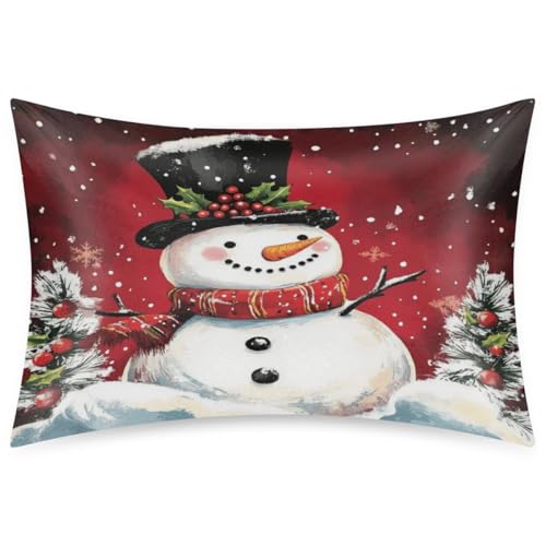 Christmas Satin Pillowcase Queen Size Red Snowman Silk Pillow Cover with Zipper