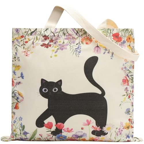 Qirrmiy Canvas Tote Bag for Women with Zipper Pocket - Floral & Cat Design