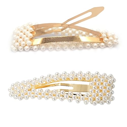 BlingKingdom 2 PCS 3.3" Pearl Hair Clips, Snap Barrettes for Girls