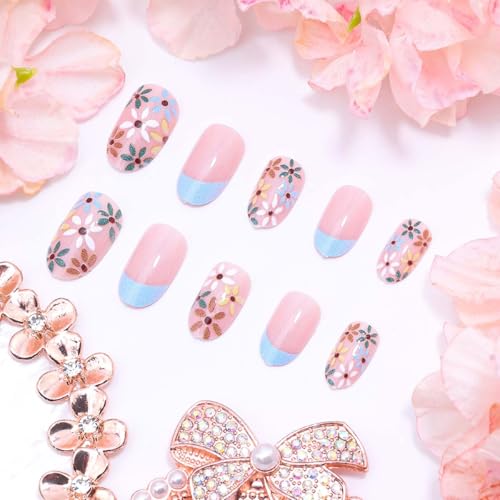 Short Almond French Tip Press On Nails with Daisy Flower Design
