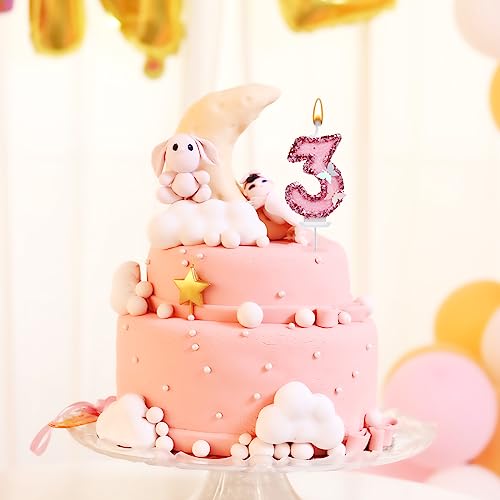 Pink Butterfly Number Candle 3 - 2.7 Inch Glitter Cake Topper