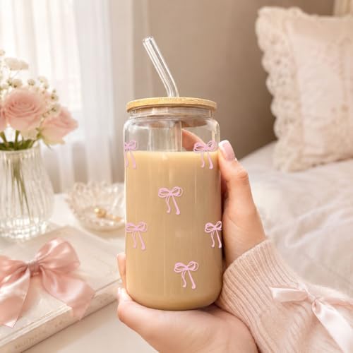 Mikopei Pink Bow Glass Cup with Lid & Straw - 16 oz Iced Coffee Tumbler