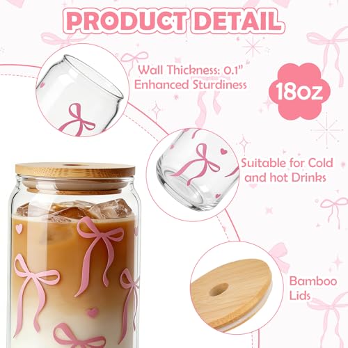 Mason Life 18oz Bow Glass Cup with Straw & Keychain - Pink