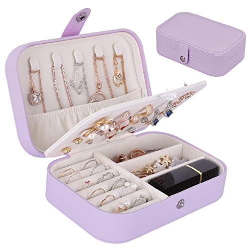 Purple Travel Jewelry Organizer Box with Double Layer for Necklaces, Earrings & Rings