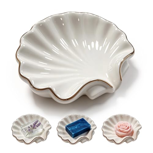 UULENNYM Shell Ceramic Soap Dish with Gold Trim - Coastal Bathroom Accessory