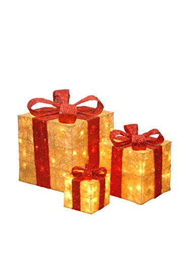 Gold Sisal Gift Boxes Set of 3 with Red Bows and Clear Lights - Indoor Outdoor Holiday Decor