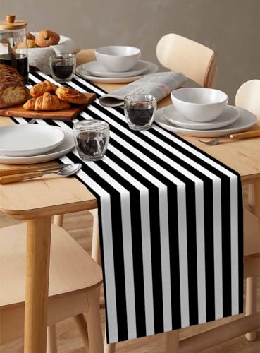 Black White Striped Table Runner 13x48 Inches for Dining & Holiday Decor - Farmhouse Style
