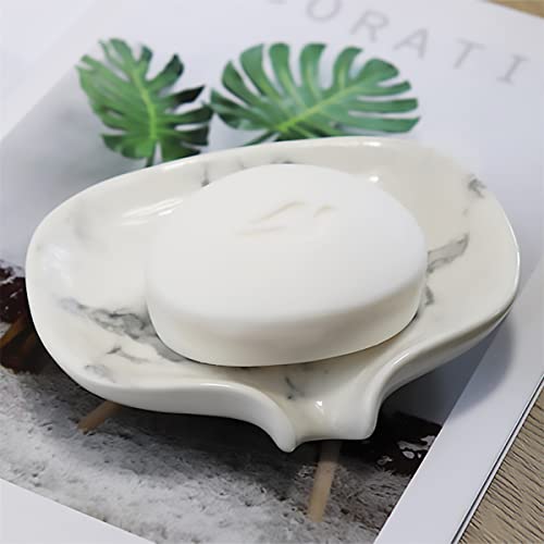 POLYDUKE Ceramic Soap Dish with Drain - White Marble Texture Soap Holder