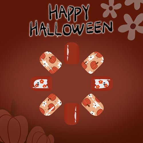 Tyemp Halloween Short Square Press On Nails Pumpkin Ghost False Acrylic Nails